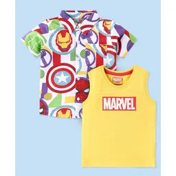 Babyhug Marvel Cotton Knit Half Sleeves Shirt with Sleeveless  Inner Tee Marvel Avengers Print- White & Yellow-picture-21