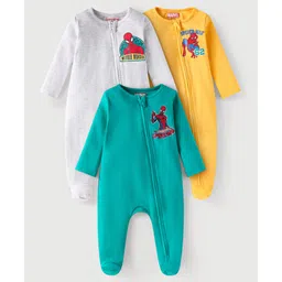 Babyhug Marvel Full Sleeves Sleep Suits with Spiderman Graphics Pack of 3 - Yellow Mint Green & White-picture-19