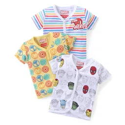 Babyhug Marvel Interlock Cotton Knit Half Sleeves Front Open Jhablas with Stripes & Avengers Graphics Pack of 3 - White & Yellow-picture-30