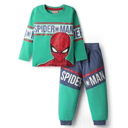 Babyhug Marvel Single Jersey Knit Full Sleeves Cut & sew T-Shirt & Jogger Set with Spider-Man Graphics - Green & Navy Blue-picture-14