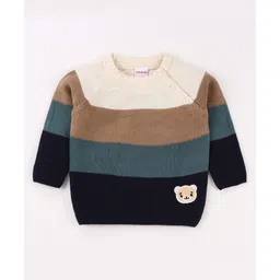 Pine Kids Knit Full Sleeves Pullover Sweater with Stripe Design & Animal Patch Embroidery - Navy Blue Beige & Blue-image-11