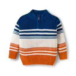 Pine Kids Knit Full Sleeves Pullover Sweater with Stripe Design - Navy Blue White & Orange-image-9