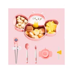 Babymoon Silicone BPA Free Baby Kids Feeding Dinner Set Gift Box Dinner Plate, Twisted Spoon & Fork, Suction Bowl Cup, Snap Straw And Chopstick Set of 6  Pink-picture-23
