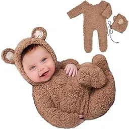 Babymoon Set of 2 | Fleece Suit with Infant Baby Bear Cap Hat | Baby Photography Props Costume | Baby Gift Set | 0-1Yr | Brown-picture-11