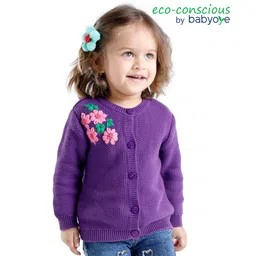 Babyoye 100% Cotton Eco Conscious Full Sleeves Sweater Floral Design-Purple-picture-11