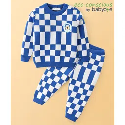 Babyoye 100% Cotton Full Sleeves Sweater Set With Checks Design & Bear Embroidery - Blue-picture-18