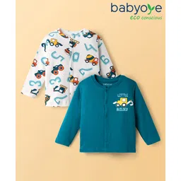 Babyoye 100% Cotton Interlock Knit With Eco Jiva Finish All Over Printed Full Sleeves Front Open Vests Pack Of 2 - White & Teal Blue-picture-27