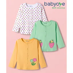 Babyoye 100% Cotton Interlock Knit with Eco Jiva Finish Full Sleeves Front Open Jhablas with Floral & Strawberry Print - White Light Green & Light Orange-picture-12