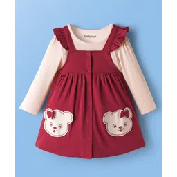 Babyoye 100% Cotton Interlock Knit with Eco Jiva Finish Full Sleeves Inner Tee & Front Open Frock with Bear Print & Bow Applique - Maroon & Cream-picture-26