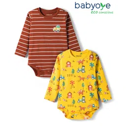 Babyoye 100% Cotton Interlock Knit with Eco Jiva Finish Full Sleeves Onesies with Stripes & Animal Farm Print Pack of 2 - Yellow & Brown-picture-23