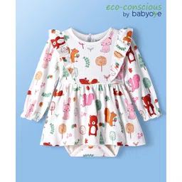 Babyoye 100% Cotton Knit Eco Conscious Full Sleeves Frock Style Onesie with Animal Print & Frill Detailing - White-picture-13