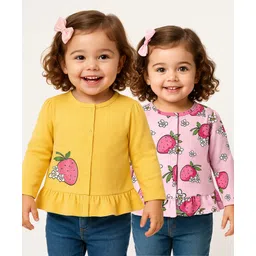 Babyoye 100% Cotton Knit Eco Jiva Finish Full Sleeves Front Open Jhablas with Fruit Print Pack of 2 - Pink & Yellow-picture-19