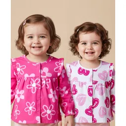 Babyoye 100% Cotton Knit Eco Jiva Finish Full Sleeves Front Open Jhablas with Heart & Floral Print Pack of 2 - Dark Pink & White-picture-21