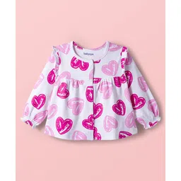 Babyoye 100% Cotton Knit Eco Jiva Finish Full Sleeves Front Open Jhablas with Heart & Floral Print Pack of 2 - Dark Pink & White image 4