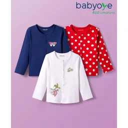 Babyoye 100% Cotton Knit Eco Jiva Finish Full Sleeves Front Open Jhablas With Polka Dots Butterfly & Floral Print Pack of 3 - Red Navy Blue & White-picture-20