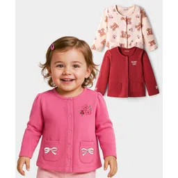 Babyoye 100% Cotton Knit Eco Jiva Finish Full Sleeves Jhablas with Pockets Teddy & Bow Print Pack of 3 - Maroon Peach & Dark Pink-picture-10