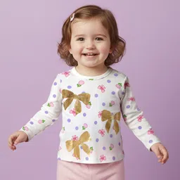 Babyoye 100% Cotton Knit Eco Jiva Finish Full Sleeves T-Shirt With Bow & Polka Dot - White-picture-26