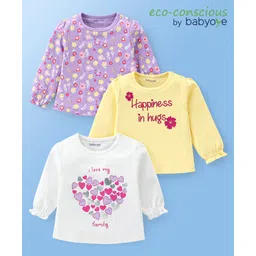 Babyoye 100% Cotton Knit Eco- Jiva Finish Full Sleeves Tops with Floral & Heart Print Pack of 3 - Purple Yellow & White-picture-13