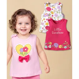 Babyoye 100% Cotton Knit Eco Jiva Sleeveless T-Shirts with Floral & Bow Applique Pack of 3 -Pink & White-picture-26