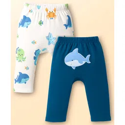 Babyoye 100% Cotton Knit Full Length Diaper Leggings with Sea Life Print Pack of 2 - White & Navy Blue-picture-19
