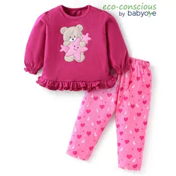 Babyoye 100% Cotton Knit Full Peasant Sleeves Night Suit with Bear Patch Detailing - Dark Pink-picture-28