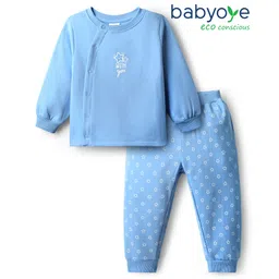 Babyoye 100% Cotton Knit Full Sleeves Star Printed Front Open Winter Wear T-Shirt & Pant Set - Light Blue-picture-27