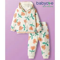 Babyoye 100% Cotton Knit Full Sleeves Winter Wear Hooded Sweatshirt & Joggers Set with Floral Print - White-picture-19