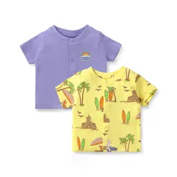 Babyoye 100% Cotton Knit Half Sleeves Jhablas With Beach Theme Print Pack of 2 - Yellow & Purple-picture-14