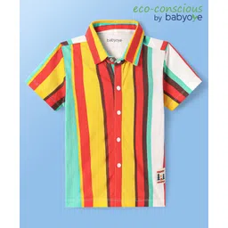 Babyoye 100% Cotton Knit Half Sleeves Striped Shirt - Red Yellow & White-picture-20