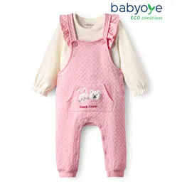 Babyoye 100% Cotton Knit Solid Dyed Full Sleeves T-Shirt & Dungaree With Text Print - Pink-picture-17