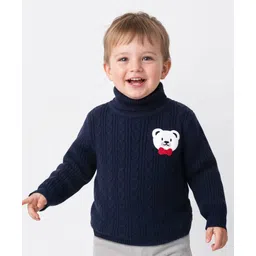 Babyoye 100% Cotton Knit Solid Dyed Full Sleeves Turtle Neck Sweater with Cable Knit Design & Bear Patch Detailing - Navy Blue-picture-13