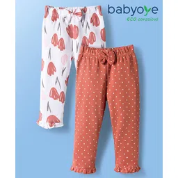 Babyoye 100% Cotton Knit with Eco Jiva Finish Full Length Leggings with Polka Dot Floral Print & Bow Applique Pack of 2 - White & Dark Peach-picture-37