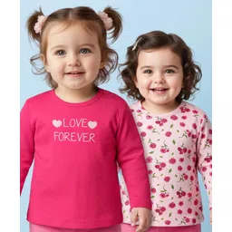 Babyoye 100% Cotton Knit With Eco Jiva Finish Full Sleeves Floral & Text Printed Tops Pack of 2 - Baby & Dark Pink-picture-19