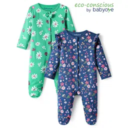 Babyoye 100% Cotton Knit with Eco Jiva Finish Full Sleeves Footed Sleep Suits with Floral Print Pack of 2 - Green & Navy Blue-picture-28