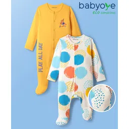 Babyoye 100% Cotton Knit With Eco Jiva Finish Full Sleeves Footed Sleep Suits with Play All Day Text Print - Yellow & White-picture-24