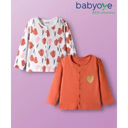 Babyoye 100% Cotton Knit with Eco Jiva Finish Full Sleeves Front Open Jhablas with Floral & Heart Print Pack of 2 - White & Rust Orange-picture-37