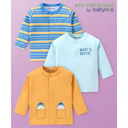 Babyoye 100% Cotton Knit With Eco Jiva Finish Full Sleeves Striped & Text Printed Front Open Vests Pack of 3 - Orange & Blue-picture-12