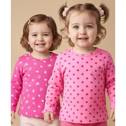 Babyoye 100% Cotton Knit With Eco Jiva Finish Full Sleeves T-Shirts with Floral & Polka Dots Print Pack of 2 - Dark Pink & Pink-picture-16