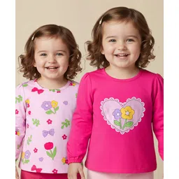 Babyoye 100% Cotton Knit With Eco Jiva Finish Full Sleeves T-Shirts With Floral Print Pack of 2 - Dark Pink & Pink-picture-21