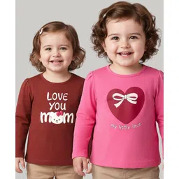 Babyoye 100% Cotton Knit With Eco Jiva Finish Full Sleeves T-Shirts with Heart Print Pack of 2 - Maroon & Dark Pink image 1