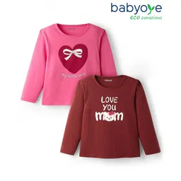 Babyoye 100% Cotton Knit With Eco Jiva Finish Full Sleeves T-Shirts with Heart Print Pack of 2 - Maroon & Dark Pink image 3