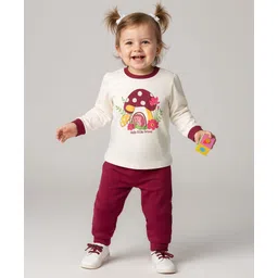 Babyoye 100% Cotton Knit with Eco Jiva Finish Full Sleeves Top & Joggers Set with Floral & Animal Print - White & Maroon-picture-15