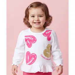 Babyoye 100% Cotton Knit With Eco Jiva Finish Full Sleeves Top with Heart Print & Frill Detailing - White-picture-14