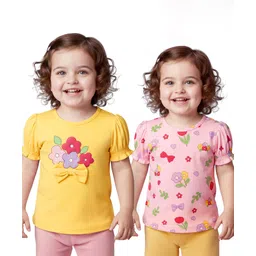 Babyoye 100% Cotton Knit With Eco Jiva Finish Half Puffed Sleeves T-Shirts with Floral Print & Bow Applique Pack of 2 - Yellow & Pink-picture-33
