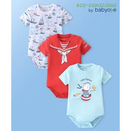 Babyoye 100% Cotton Knit with Eco Jiva Finish Half Sleeves Onesies Boat Print Pack of 3 - Red Blue & White-picture-11