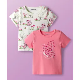 Babyoye 100% Cotton Knit With Eco Jiva Finish Half Sleeves T-Shirts With Cat & Butterfly Print Pack of 2 - Pink & White-picture-29