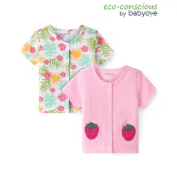 Babyoye 100% Cotton Knit with Eco Jiva Finish Half Sleeves Vests Floral Print Pack of 2 - Pink & White-picture-15