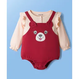 Babyoye 100% Cotton Knit With Eco Jiva Finish Solid Dyed Full Sleeves Onesie With Teddy Bear Print - Peach & Red-picture-16