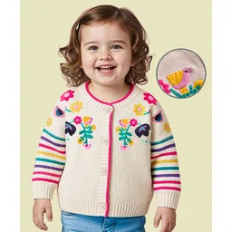 Babyoye 100% Cotton Knitted Full Raglan Sleeves Front Open Sweater With Floral Embroidery - Off White-picture-14