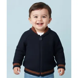 Babyoye 100% Cotton Knitted Full Raglan Sleeves Solid Front Open Sweater - Navy Blue-picture-12